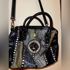 Fluer de Lis Satchel Purse rhinestone black and silver